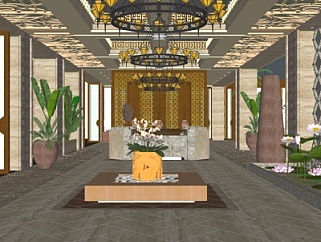 新中式酒店大堂su模型