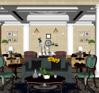 美式客厅su模型