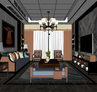 新中式客厅su模型