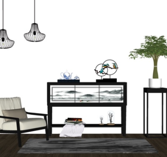 新中式实木端景台su模型