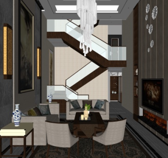 新中式复式客厅su模型