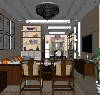 新中式客厅su模型