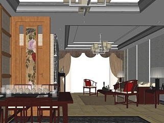 新中式客餐厅su模型