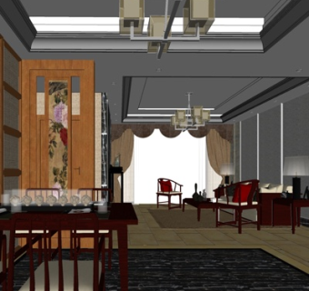 新中式客餐厅su模型