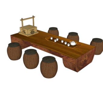 中式茶桌椅su模型