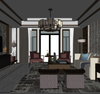 新中式客厅su模型