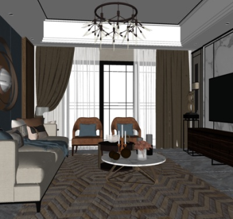 新中式客厅su模型