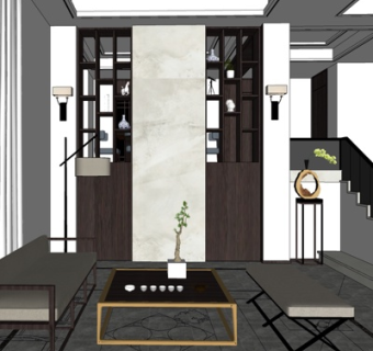 新中式客厅su模型