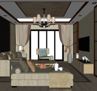 新中式客厅su模型