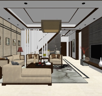 新中式客厅su模型