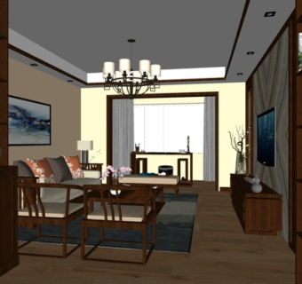 新中式客厅su模型