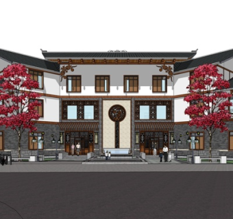 中式酒店外观su模型