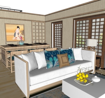 新中式简约客餐厅su模型