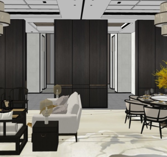 新中式轻奢客餐厅su模型