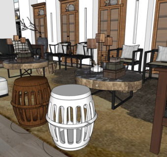 新中式客厅su模型