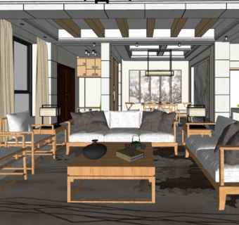 新中式客厅su模型