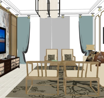 新中式客厅su模型