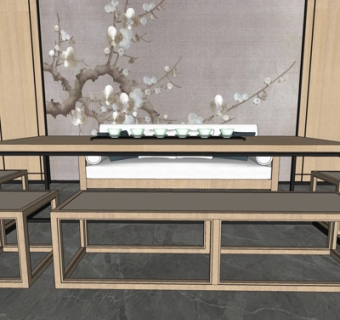 新中式实木茶桌椅su模型