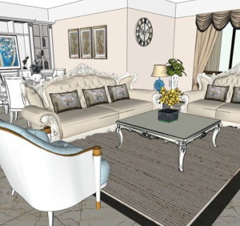 美式奢华客餐厅su模型