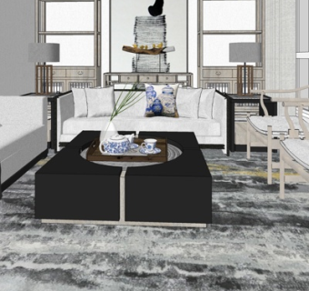 新中式客厅su模型