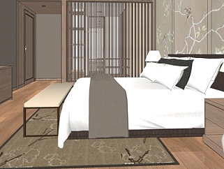 新中式主人房卧室su模型