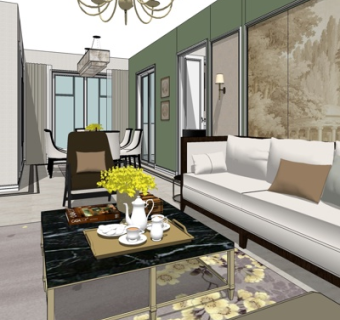 新中式客餐厅su模型