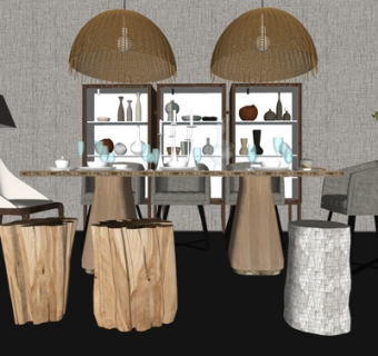 现代实木餐桌椅su模型