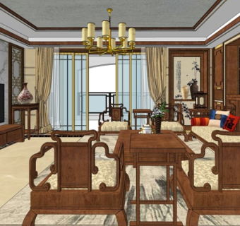 新中式轻奢客厅su模型