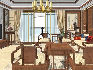 新中式轻奢客厅su模型