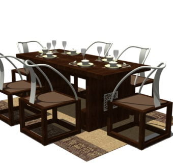 新中式实木餐桌椅su模型