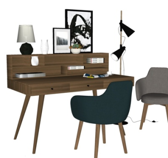 北欧实木书桌椅su模型