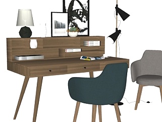 北欧实木书桌椅su模型