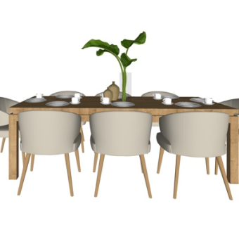 北欧实木餐桌椅su模型