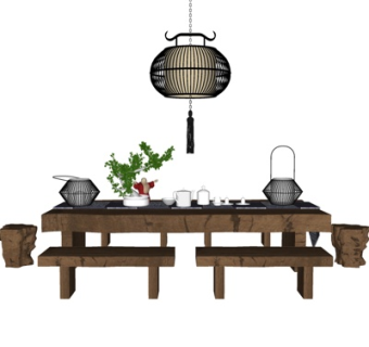 新中式实木茶桌椅su模型