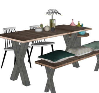 现代实木餐桌椅su模型