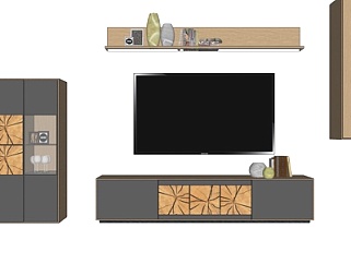 现代实木电视柜壁柜su模型