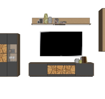 现代实木电视柜壁柜su模型