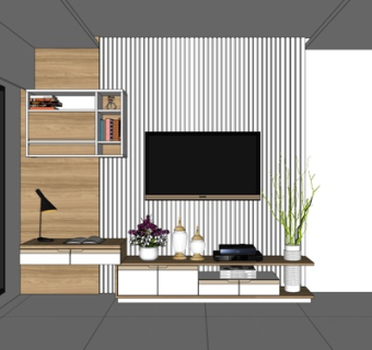现代实木电视柜壁柜su模型