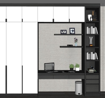现代实木衣柜书桌组合su模型