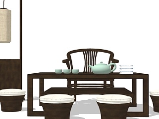 新中式实木<em>茶桌椅</em>su模型