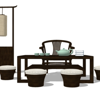 新中式实木茶桌椅su模型