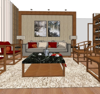 新中式客厅su模型