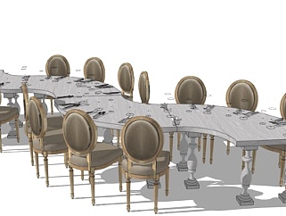 美式宴会餐桌椅su模型
