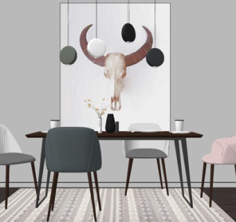 北欧实木餐桌椅su模型