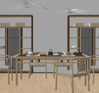 新中式实木餐桌椅su模型