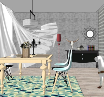 美式实木餐桌椅su模型