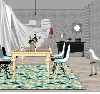 美式实木餐桌椅su模型