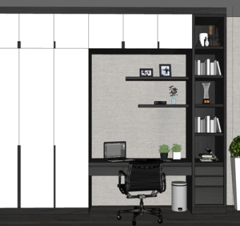 现代实木衣柜书桌组合su模型