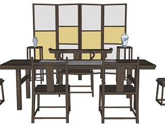 新中式实木茶桌椅su模型