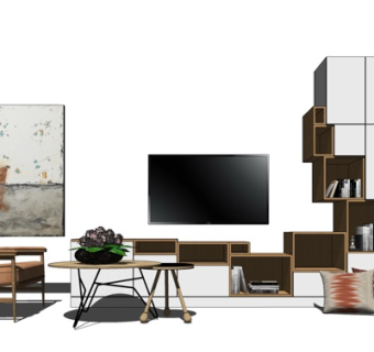 现代实木电视柜su模型